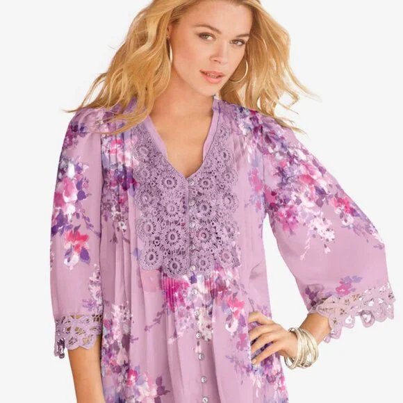Roaman's Tops Roamans Pink Floral V Neck Embroidered Juliet